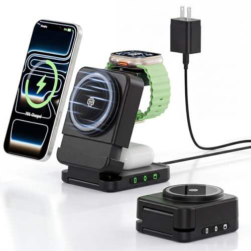 Wireless Charger 3 in 1, Foldable Charging Station for Apple Samsung Multi Devices Charging, Magnetic Charging Stand, Portable Travel Fast 15W Charger Station for iPhone, TWS, iWatch (Black) - color: Black
