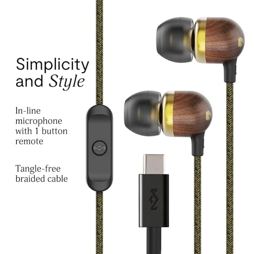 House of Marley Smile Jamaica USB-C Wired Earbuds with Microphone, in-Ear Headphones, 9.2mm Driver, Tangle-Resistant Cable, Plug-and-Play Earphones for Smartphones, Tablets & Laptops (Brass) - color: Brass