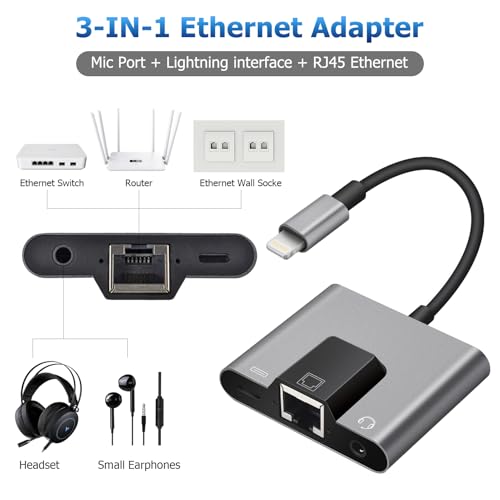 Lightning to RJ45 Ethernet Adapter Network Adapter, Support 10/100Mbps Ethernet Network, with Lightning Charge Port and 3.5mm Audio Jack, Compatible with iPhone 14 13 12 11/iPad - size: Lightning