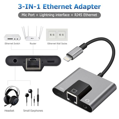 Lightning to RJ45 Ethernet Adapter Network Adapter, Support 10/100Mbps Ethernet Network, with Lightning Charge Port and 3.5mm Audio Jack, Compatible with iPhone 14 13 12 11/iPad - size: Lightning