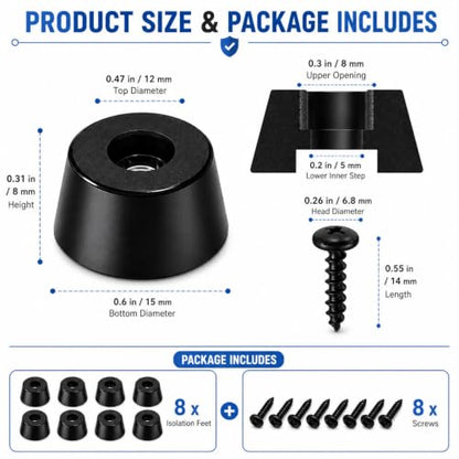Speaker Isolation Pads 8-Pack | Anti-Vibration Rubber Feet with Screws | Reduce Resonance & Protect Furniture | for Studio Monitors, Turntables, Guitar Amps, Speakers, Amplifiers
