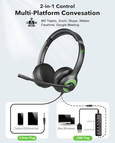 JIAMQISHI USB Headset with Mic for PC, On-Ear Computer Laptop Headphones with Noise Cancelling Microphone in-line Control for Home Office Online Class (USB+3.5mm, Green) - color: Green, style: USB+3.5mm