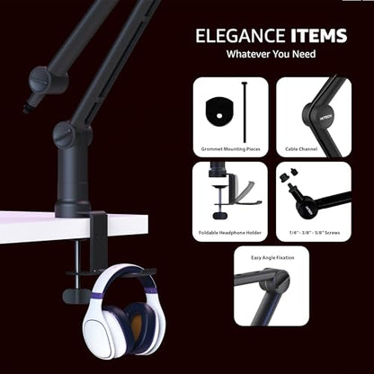 IXTECH Microphone Boom Arm with Desk Mount, 360° Rotatable, Adjustable and Foldable Scissor Mounting for Podcast, Video Gaming, Radio and Studio Audio, Sturdy and Universal - Elegance Model - color: ELEGANCE