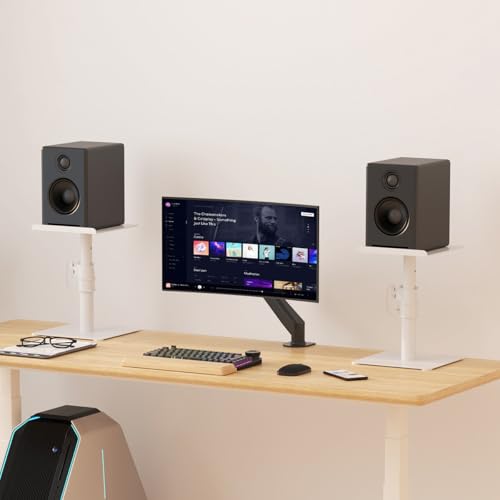 Suptek Free-Standing Speaker Stand Desktop Set, 9.6 x 8.8 inch Trays, Height Adjustment and Tilt, Universal Audio Holders for Computer and Bookshelf Speakers, Elevated Sound, 2 Pack, White, SDM001TW - color: White, size: 9.6" x 8.8" x 14.2"