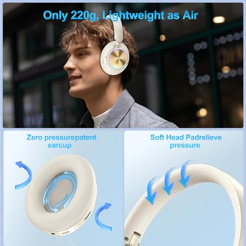Noise Cancelling Over Ear Wireless Bluetooth Headphones with Microphone, 65h Playtime, Clear Calls, Comfort Fit for Travel (Beige) - color: Beige