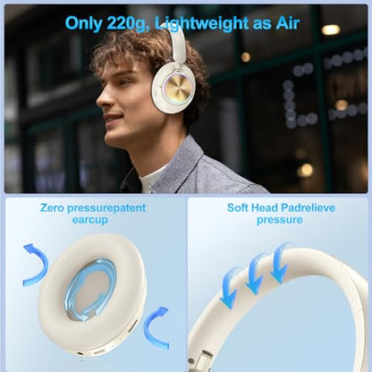 Noise Cancelling Over Ear Wireless Bluetooth Headphones with Microphone, 65h Playtime, Clear Calls, Comfort Fit for Travel (Beige) - color: Beige