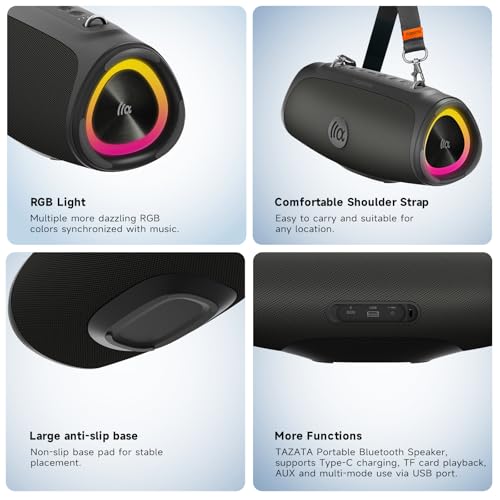 TAZATA Outdoor Bluetooth Speakers, 90W Portable Bluetooth Speaker with Bass | 95dB Large Subwoofer, IPX7 Waterproof, BT 5.3,20H / 6EQ / USB-C / Audio AUX / USB, Wireless Speaker for Party Beach Pool - color: MINI-black