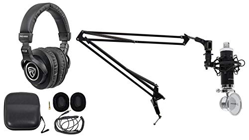Rockville RCM03 Podcast Condenser Microphone Bundle with PRO-M50 Headphones | DMS40 40" Boom Arm Podcasting Stand, Cardioid Microphone, 40mm Drivers, Shock Mount, Case, Extra Ear Pads, 3-Items