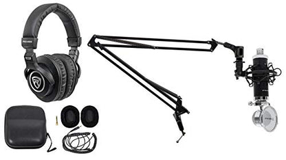 Rockville RCM03 Podcast Condenser Microphone Bundle with PRO-M50 Headphones | DMS40 40" Boom Arm Podcasting Stand, Cardioid Microphone, 40mm Drivers, Shock Mount, Case, Extra Ear Pads, 3-Items