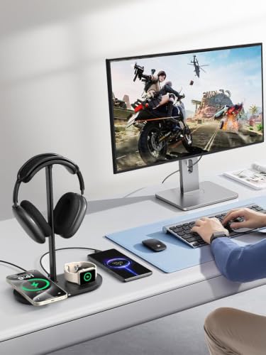 4 in 1 Headphone Stand, Airpod Max Charger Stand with 15W Wireless Charger | Headset Holder for AirPods Max 2/Pro/iWatch/Vision Pro, Charging for iPhone 17/16/15/14/13/12/11/X, Aluminum Alloy Rod, White - color: Cream White