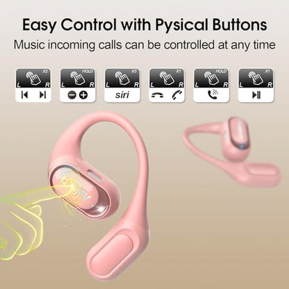 Open Ear Headphones, Bluetooth Wireless Earbuds,Pink | HiFi Stereo Open Ear Buds with HD Mic, 50H LED Power Display Air Conduction Earbuds - color: Pink