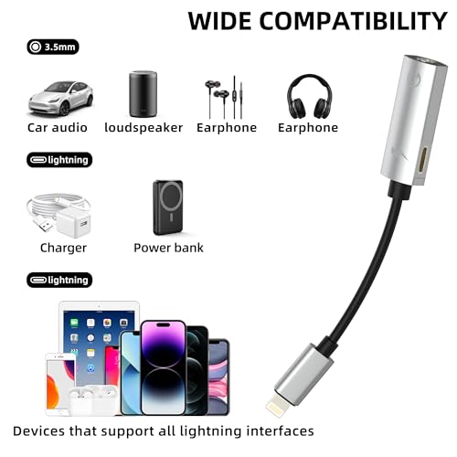 for iPhone Aux Adapter for 14 13 Pro Max Lightning to 3.5mm Headphone Jack (2in1) for Apple Audio Charger Splitter Lighting Connection Auxiliary Earbuds Converter Adaptor Double Cable Car Mfi Dongle