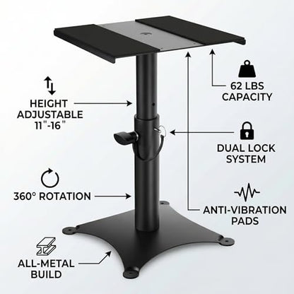 Height Adjustable Desktop Speaker Stands 1 Pair, Metal Desktop Studio Monitor Speaker Stands Bookshelf Speaker Stands 360° Swivel, 62lbs Load, Ideal for Recording Studio, Home Office & Gaming