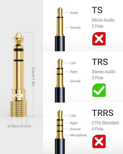 VCE 3.5mm to 1/4 Adapter Stereo Headphone Adapter, 24K Gold-Plated, 2-Pack | Seamless Audio Connection, Premium Sound Fidelity, Secure TRS Connection for Aux Cable, Guitar Amplifier, Headphone - color: Black