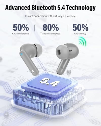 Btootos Wireless Earbuds, Bluetooth 5.4 Headphones Bass Stereo, Ear Buds with Noise Cancelling Mic, IP7 Waterproof in Ear Earphones, 36H LED Display Bluetooth Earbuds for Laptop Pad Phones, Fog Gray | Ear Buds with Noise Cancelling Mic LED Display, 36H, I