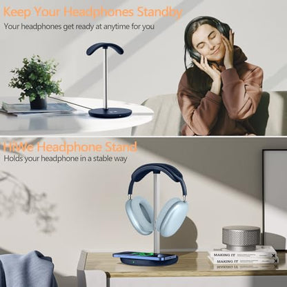 Hiwe Headphone Stand with Wireless Charger, Headset Holder for Desktop | 2 in 1 Charging Station for iPhone, Samsung, AirPods and Desk All Headphones, Aluminum Support Rod, Heavy Base, Navy Blue - color: Navy Blue