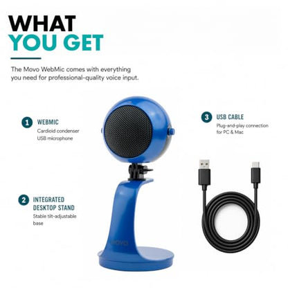 Movo WebMic USB Microphone with Desktop Stand, Royal Blue, Cardioid Condenser, for PC and Mac, with Mic Gain and Headphone Monitoring - color: Royal Blue