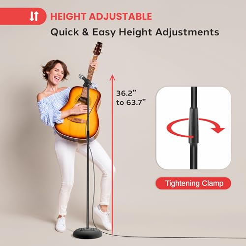 Pyle Adjustable Height Microphone Stand, 36.2" - 63.7” Inches Universal Mic Holder, Compact Design, Sturdy and Lightweight, Ideal for Studio and Concerts, With Mic Clip, Rubber Base (Black) - size: 36.2" - 63.7”
