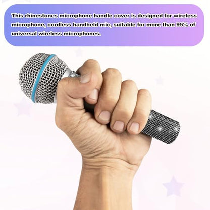 MECCANIXITY Black Mic Handle Cover, Rhinestones Microphone Handle for Most Universal Wireless Microphones, Mic Not Included(with Grey Velvet Bag) - color: Black Grey