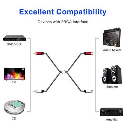 2RCA Male to 2RCA Female Extension Cable 1.5 ft, 2 RCA Extension Cable Nylon Braid 2 RCA Male to 2 RCA Female Stereo Audio Extension Cord (1.5FT/0.5M) - size: 1.5 ft