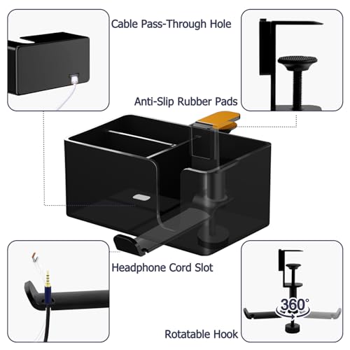 Yinqster 2/3/4 in 1 Desk Cup Holder and Headphone Hanger,Clip on Cup Holder with Rotating Headphone Stand & 2 Wire Holes,Detachable Side Desk Organization for Table,Office Accessories - size: 4 in 1 Medium