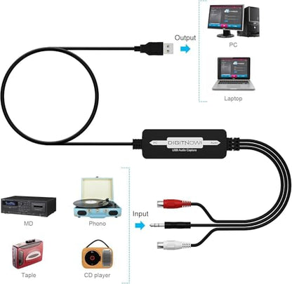 USB 2.0 Audio Capture Card for Vinyl Records, Audio Grabber for Cassette Tapes to Digital MP3 Converter with Stereo RCA/3.5mm Music Interface, Support Mac & Windows 7/8/10/11/XP/Vista