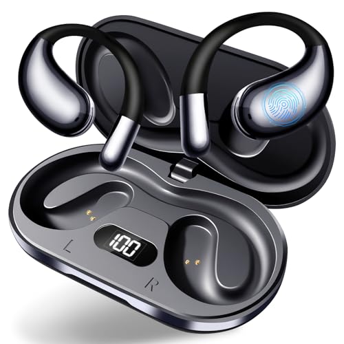 Open Ear Headphones Wireless Bluetooth 5.4, Air Conduction Wireless Earbuds with Ear Hooks and Mic, 50H LED Charging Case, IPX7 Water Resistant Sport Headphones for Running Gym Work - color: Black
