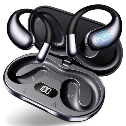 Open Ear Headphones Wireless Bluetooth 5.4, Air Conduction Wireless Earbuds with Ear Hooks and Mic, 50H LED Charging Case, IPX7 Water Resistant Sport Headphones for Running Gym Work - color: Black