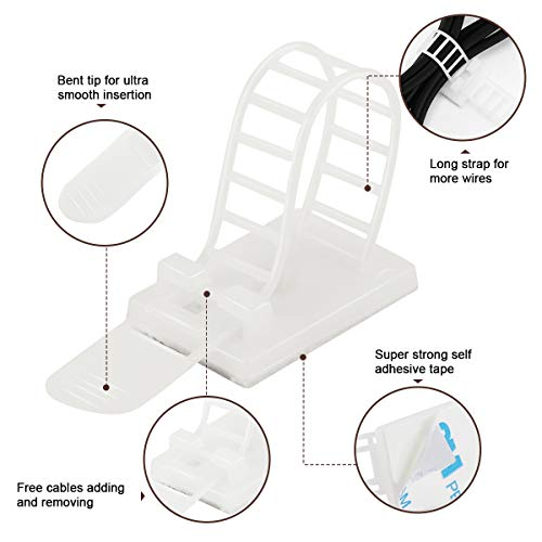 50Pcs Adhesive Cable Management Clips with 50Pcs Zip Ties, Adjustable Nylon Cable Strap Ties Wire Clips Clamps Organizer, Extra Screw & Hole - 3.35 Inch White - color: White, size: M-50pcs