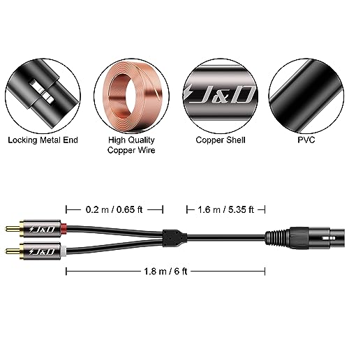 J&D XLR to 2 RCA Y Splitter Patch Cable, Gold Plated Heavy Duty Unbalanced Dual RCA Male to XLR Female Stereo Audio Interconnect Cable Adapter for Speaker, Condenser Mic, Mixer, AMP, 6 Feet
