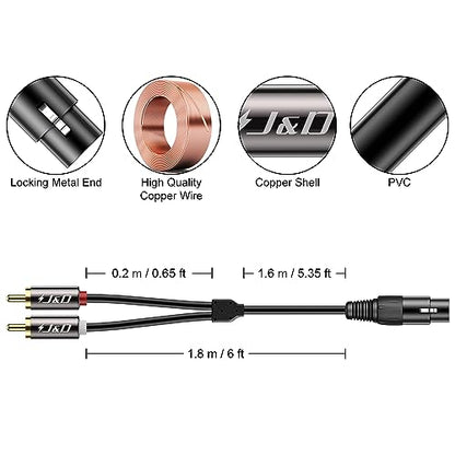 J&D XLR to 2 RCA Y Splitter Patch Cable, Gold Plated Heavy Duty Unbalanced Dual RCA Male to XLR Female Stereo Audio Interconnect Cable Adapter for Speaker, Condenser Mic, Mixer, AMP, 6 Feet
