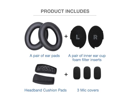 Replacement Ear Pads Headband Cushion Pad Compatible with Bose A30 Aviation Headset Including Inner Foam Filter Inserts, 3 Mic Covers Windscreen, Protein Leather Memory Foam (Refresh Kit)