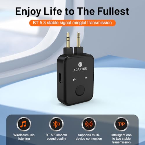 Airplane Bluetooth 5.3 Transmitter Adapter, 3.5mm to Dual Bluetooth Audio Converter, Wireless Hi-Fi Transmitter Receiver for Headphones, Speakers, TV, Switch, PC, Car, Flight, Support 2 Headphones
