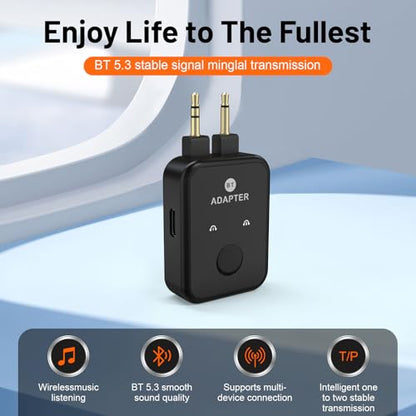 Airplane Bluetooth 5.3 Transmitter Adapter, 3.5mm to Dual Bluetooth Audio Converter, Wireless Hi-Fi Transmitter Receiver for Headphones, Speakers, TV, Switch, PC, Car, Flight, Support 2 Headphones