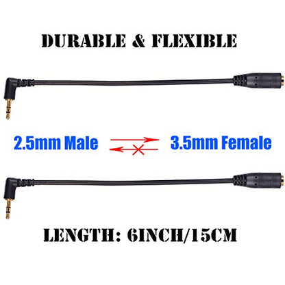 2 Pack Gold Plated 2.5mm Male to 1/8 inch 3.5mm Female Stereo Audio Jack Adapter Cable 90 Degree Right Angle Connector 6 inch Cord for Radios,Headphones,Recorder,Camera