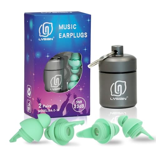 LYSIAN High Fidelity Concert Ear Plugs, 23dB, 2 Pairs with Case, Aqua | Reusable soft musician earplugs for concerts, festivals & raves; 23dB noise reduction, 2 pairs with aluminum case - color: Aqua