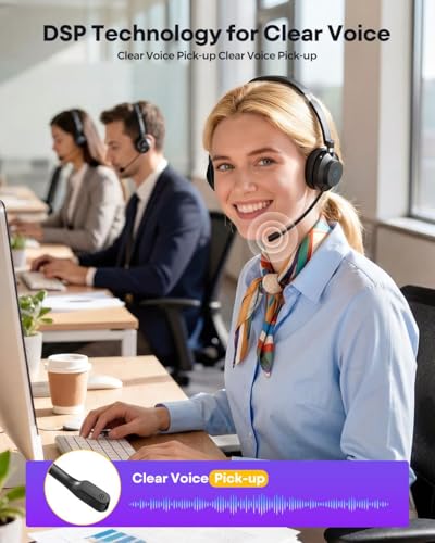 Wireless Headset with Mic for Work, Clear Sound ＆ Comfortable ＆ Stable Connection, Bluetooth Headset for Computer, Wireless Headset with Charging Base & USB Dongle for Office & Call Center