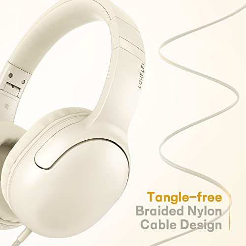 LORELEI E5 Wired Headphones for Kids Foldable & 3.5mm Jack Tangle Free Nylon Wire Stereo On Ear Headsets for Kids/Children/School/Tablet/Ipad/Kiddle/Plane (Beige White) - color: Beige White