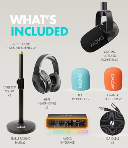 Movo Podcast Equipment Bundle for 2 with USB Audio Interface and 2 CastMic Dynamic Podcast Microphone Bundle with Mic Stands and Headphones for Podcasting, Streaming, and Musicians - Podcast Kit - style: with Desk Stands and Headphones
