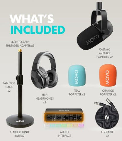 Movo Podcast Equipment Bundle for 2 with USB Audio Interface and 2 CastMic Dynamic Podcast Microphone Bundle with Mic Stands and Headphones for Podcasting, Streaming, and Musicians - Podcast Kit - style: with Desk Stands and Headphones