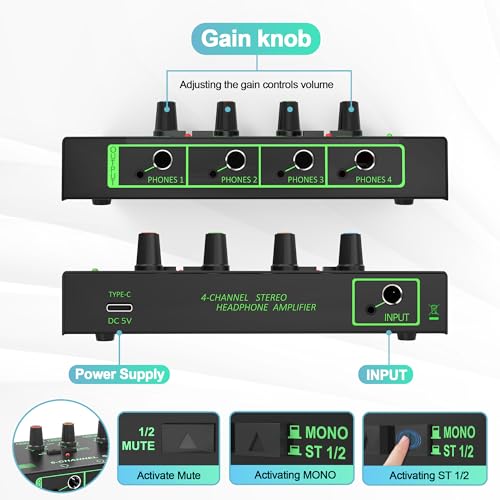 HOSONGIN 4 Channel Headphone Amplifier, Portable Mini Earphone Splitter with Independent Volume Control, Low Noise Stereo Output, Compatible with 1/4" & 1/8" TS/TRS, Ideal for Studio Stage
