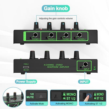 HOSONGIN 4 Channel Headphone Amplifier, Portable Mini Earphone Splitter with Independent Volume Control, Low Noise Stereo Output, Compatible with 1/4" & 1/8" TS/TRS, Ideal for Studio Stage