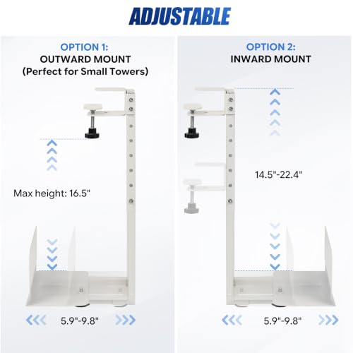 Adjustable Under Desk PC Mount, Heavy Duty No Drilling Clamp Mount on Desk Fits Most PC Tower 14.5”-22.4” (H) , Thickened & Ultra Strong CPU Holder for Standing Desk & Home Office, White - color: White