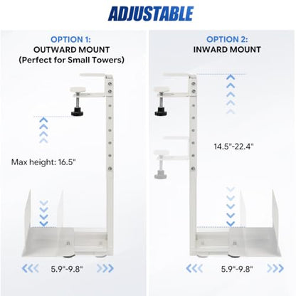 Adjustable Under Desk PC Mount, Heavy Duty No Drilling Clamp Mount on Desk Fits Most PC Tower 14.5”-22.4” (H) , Thickened & Ultra Strong CPU Holder for Standing Desk & Home Office, White - color: White