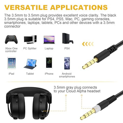 Cloud Alpha Cable Compatible with Hyperx Cloud Alpha, Cloud Alpha S, Cloud Mix, Cloud Mix 2, Cloud Flight Gaming Headset with Mute and Volume Control, 5ft