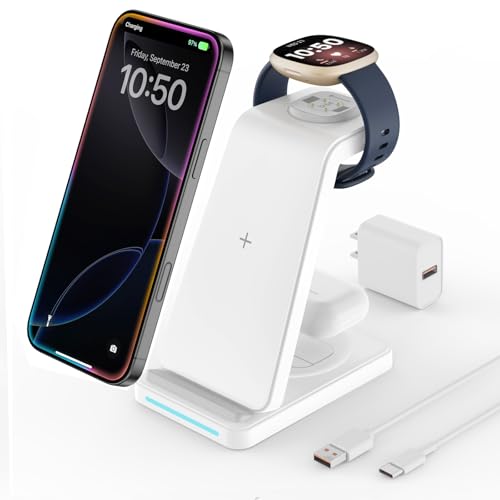 JoyGeek Charging Station for Fitbit Versa 4 3 Sense 2, 3 in 1 Wireless Charger for iPhone 17 16 15 14 & Samsung S25 S24 Ultra, Charging Dock for AirPods Pro Galaxy Buds, Night Light Base