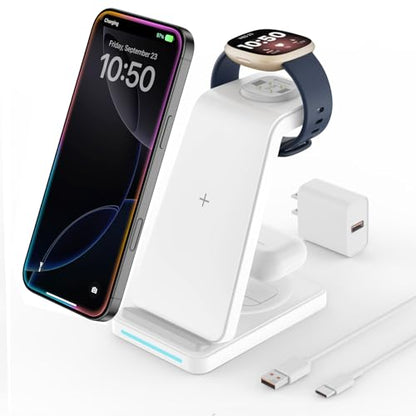 JoyGeek Charging Station for Fitbit Versa 4 3 Sense 2, 3 in 1 Wireless Charger for iPhone 17 16 15 14 & Samsung S25 S24 Ultra, Charging Dock for AirPods Pro Galaxy Buds, Night Light Base