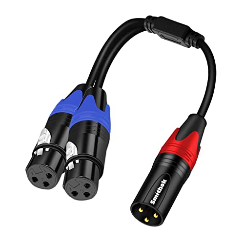Smithok 1 Male to 2 Female XLR Y Splitter Micrphone Cable, 3 Pin XLR 2 Female to 1 Male, Combiner Y Cord Balanced Mic Audio Cables for Stero Mic to L&R Audio Track(11.8 inches/0.3m)