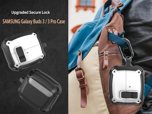Galaxy Buds 3 Pro/3/3 FE Case Cover with Secure Lock Clip, Shockproof Samsung Galaxy Buds3/3 Pro 2024/3 FE 2025 Protective Hard Cover Shell with Carabiner&Cleaner kit for Men Women, Black/White - color: Black/White
