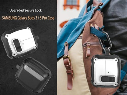 Galaxy Buds 3 Pro/3/3 FE Case Cover with Secure Lock Clip, Shockproof Samsung Galaxy Buds3/3 Pro 2024/3 FE 2025 Protective Hard Cover Shell with Carabiner&Cleaner kit for Men Women, Black/White - color: Black/White